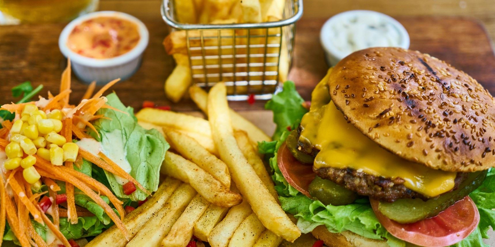 Picture of a cheeseburger and french fries